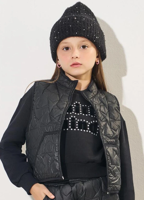 Catavento - Colete Menina em Matelassê Estrelado Preto