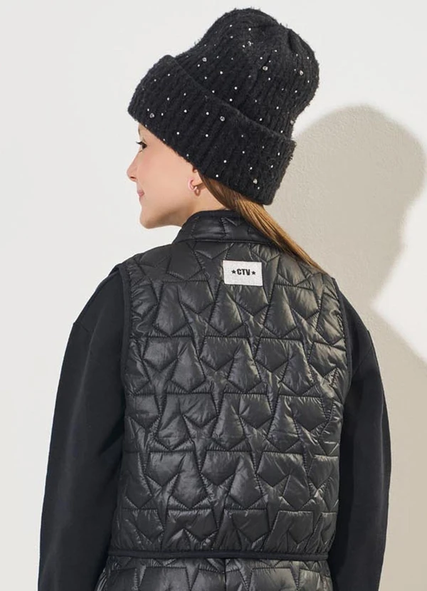 Catavento - Colete Menina em Matelassê Estrelado Preto 2