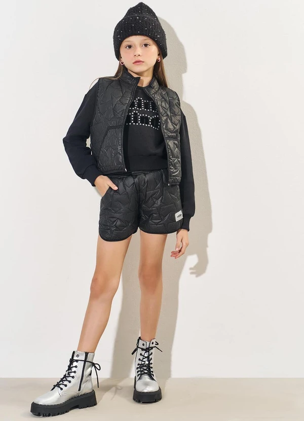 Catavento - Colete Menina em Matelassê Estrelado Preto 3