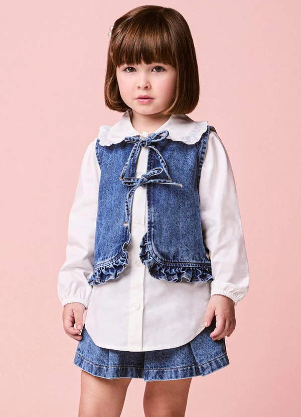 Momi - Colete Menina Jeans Infantil com Babados Franzidos