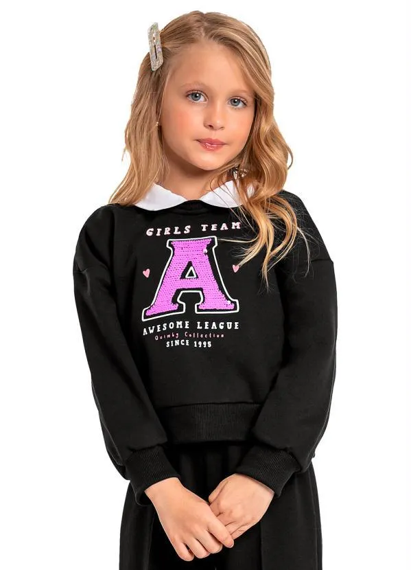Quimby - Blusão Cropped Moletom Infantil Preto