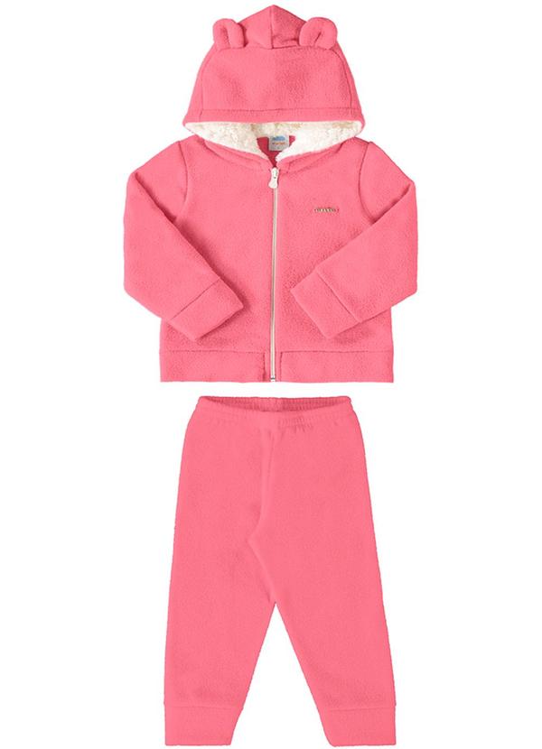 Marlan - Conjunto Bebê Jaqueta e Calça Boucle Liso Rosa