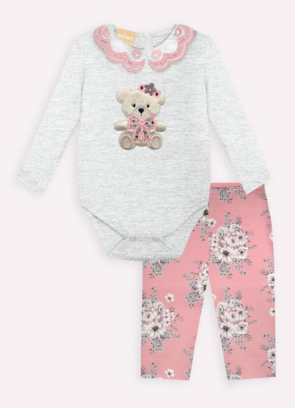 Milon - Conjunto Bebê Menina Bordado  Cinza