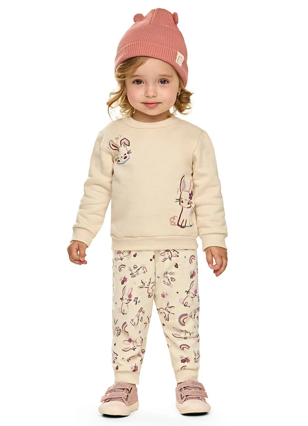 Elian - Conjunto Bebê Menina Moletom Coelhinhos Bege