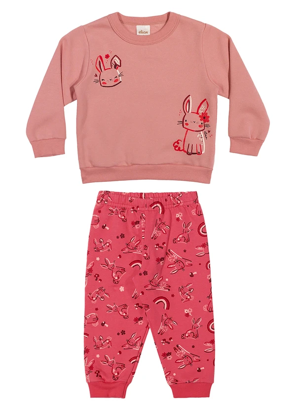 Elian - Conjunto Bebê Menina Moletom Coelhinhos Coral