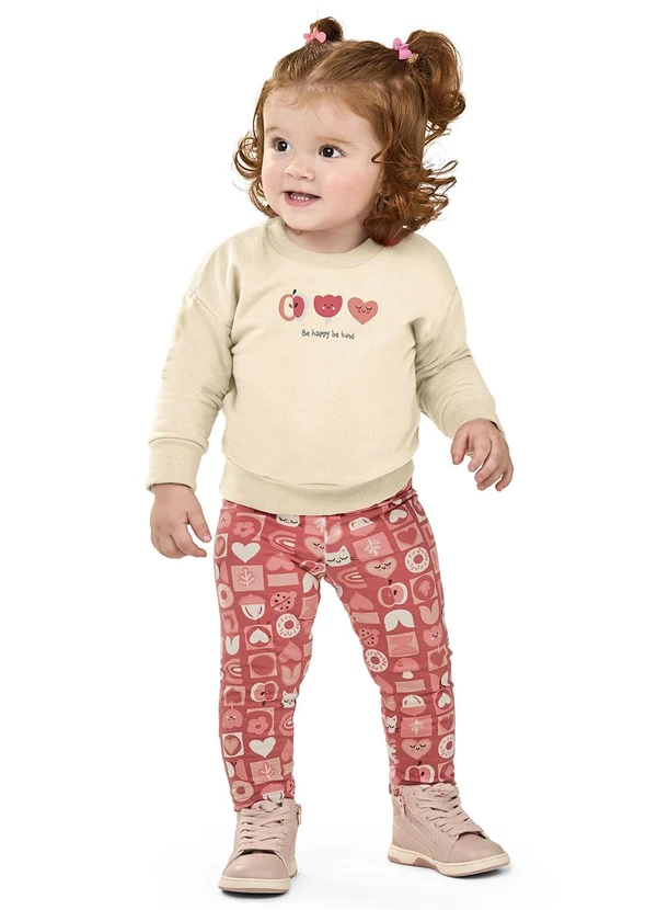 Elian - Conjunto Bebê Menina Moletom Estampado Bege