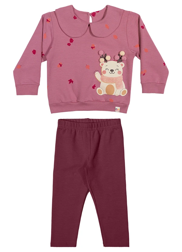 Elian - Conjunto Bebê Menina Ursinho com Pompons Rosa