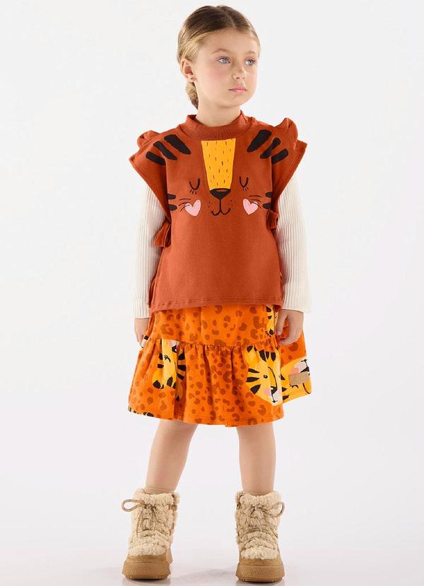 Up Baby - Conjunto Blusa, Colete e Saia Bege