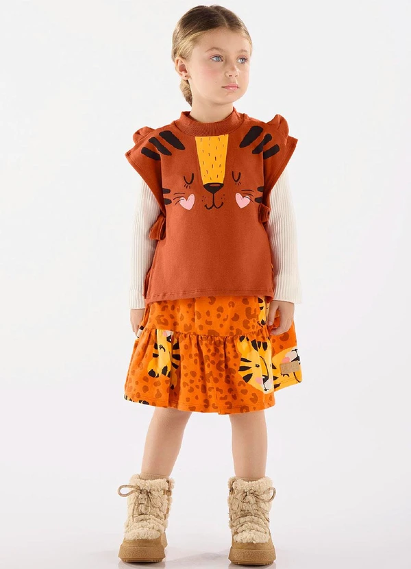 Up Baby - Conjunto Blusa, Colete e Saia Bege