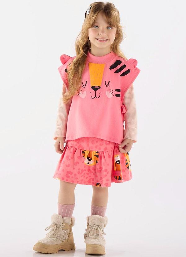 Up Baby - Conjunto Blusa, Colete e Saia Rosa