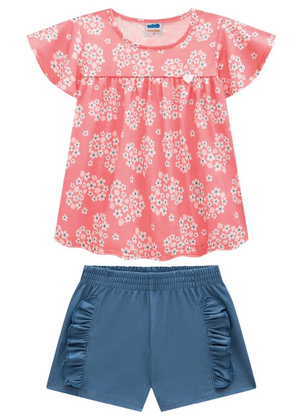 Marlan - Conjunto Blusa Corações e Shorts Jeans Rosa