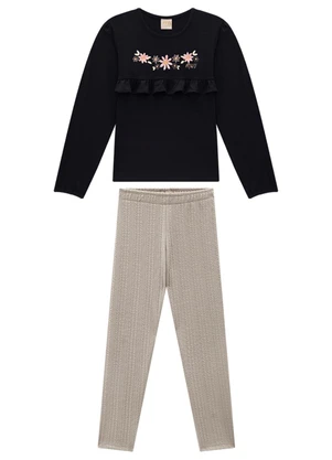 Milli e Nina - Conjunto Blusa Cotton Penteado e Legging Preto - MILLI E NINA