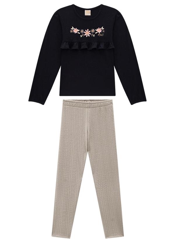 Milli e Nina - Conjunto Blusa Cotton Penteado e Legging Preto