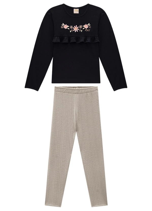 Milli e Nina - Conjunto Blusa Cotton Penteado e Legging Preto