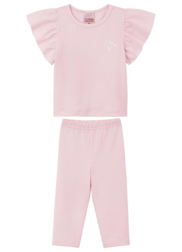 Lik Kids - Conjunto Blusa e Calça Cotton com Bordado Rosa