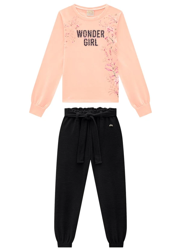 Milli e Nina - Conjunto Blusa e Calça em Veludo Cotelê Rosa