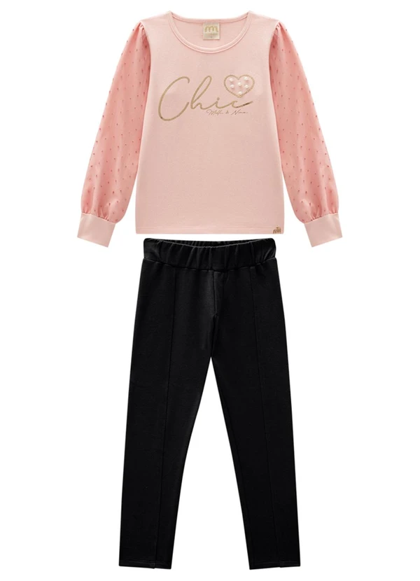 Milli e Nina - Conjunto Blusa e Legging Organza Pluments Rosa
