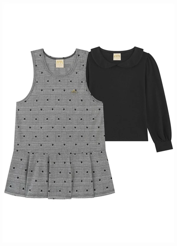 Milli e Nina - Conjunto Blusa e Salopete em Jacquard Preto