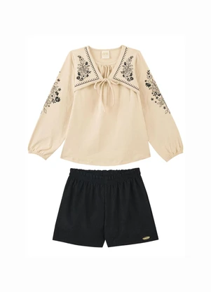 Milli e Nina - Conjunto Blusa e Short em Cotelê Estreito Bege - MILLI E NINA