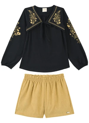 Milli e Nina - Conjunto Blusa e Short em Cotelê Estreito Preto - MILLI E NINA