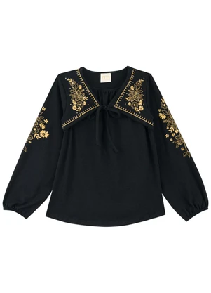 Milli e Nina - Conjunto Blusa e Short em Cotelê Estreito Preto - MILLI E NINA
