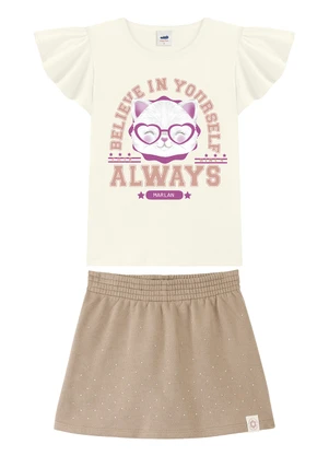 Marlan - Conjunto Blusa e Short-Saia em Moletinho Bege - MARLAN