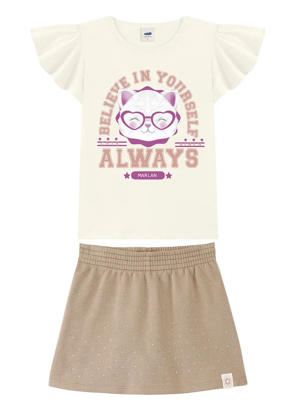 Marlan - Conjunto Blusa e Short-Saia em Moletinho Bege