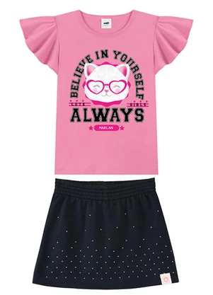 Marlan - Conjunto Blusa e Shorts Saia em Moletinho Rosa - MARLAN