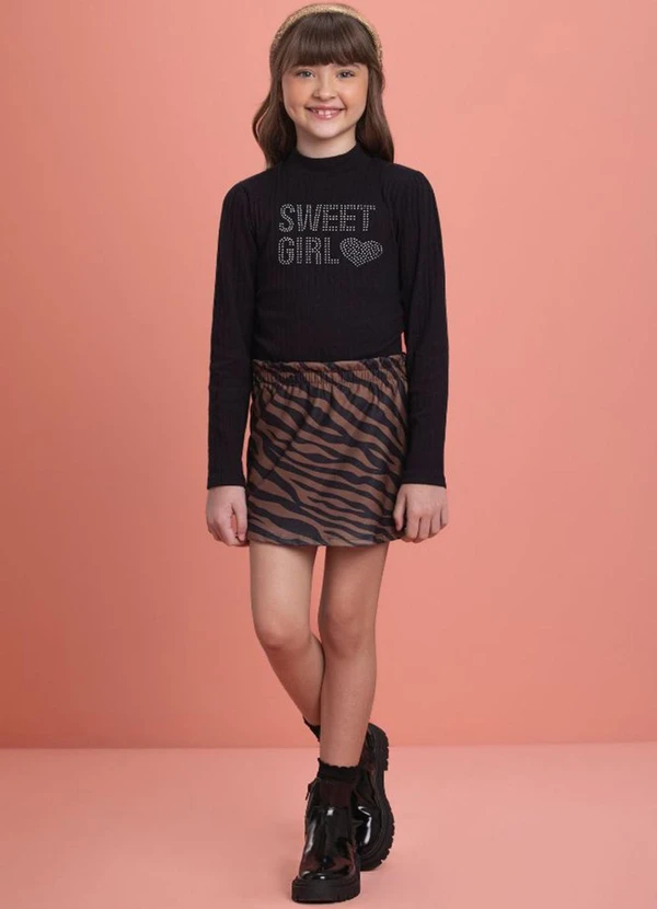 Milli e Nina - Conjunto Blusa e Shorts Saia Zebra Preto