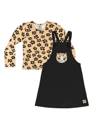 Quimby - Conjunto Blusa Floral e Salopete Preto - QUIMBY