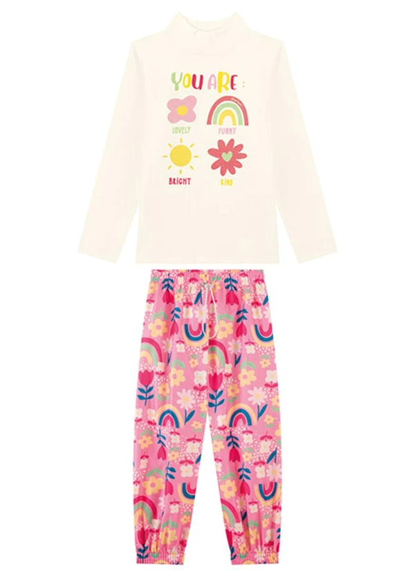 Marlan - Conjunto Blusa Gola Alta e Calça Estampada Bege