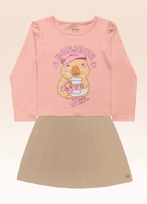 Fakini Kids - Conjunto Blusa Manga Longa e Saia Tricot Rosa - FAKINI KIDS