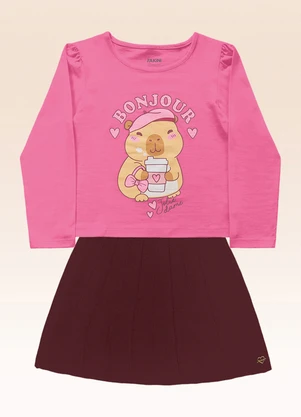 Fakini Kids - Conjunto Blusa Manga Longa e Saia Tricot Rosa - FAKINI KIDS