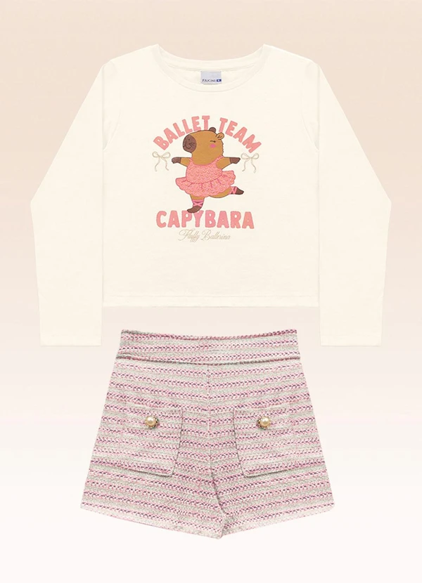 Fakini Kids - Conjunto Blusa Manga Longa e Shorts Bege
