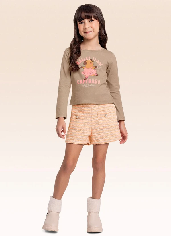 Fakini Kids - Conjunto Blusa Manga Longa e Shorts Bege