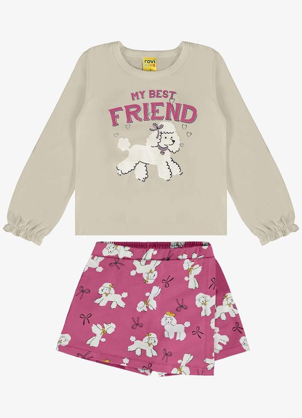 Rovi Kids - Conjunto Blusa Manga Longa e Shorts Saia Bege
