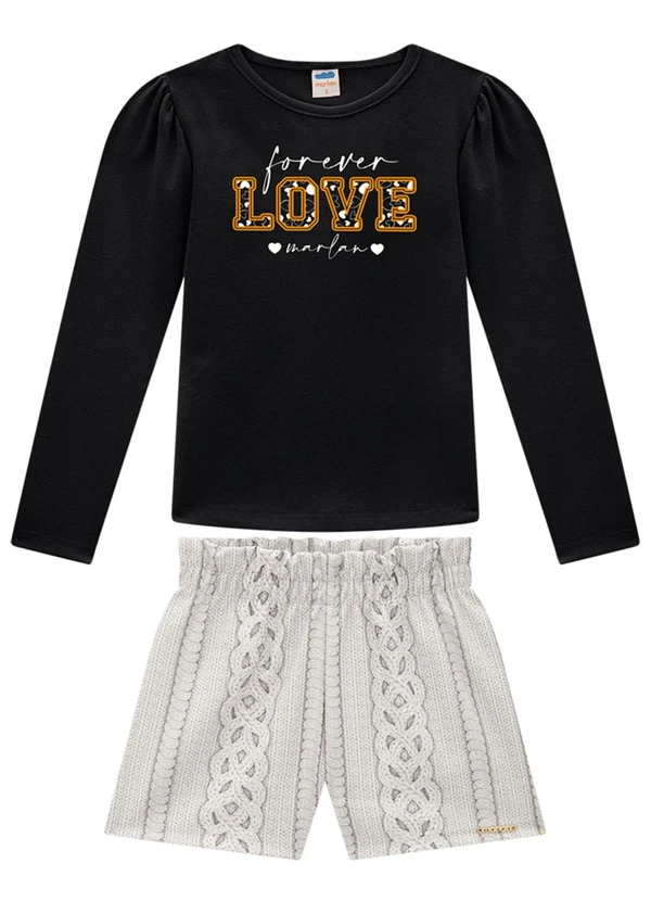 Marlan - Conjunto Blusa Manga Longa e Shorts Tricot Preto