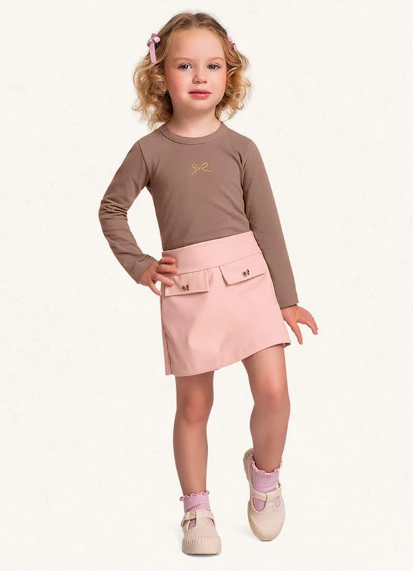 Fakini Kids - Conjunto Blusa Manga Longa/Short Saia Marrom