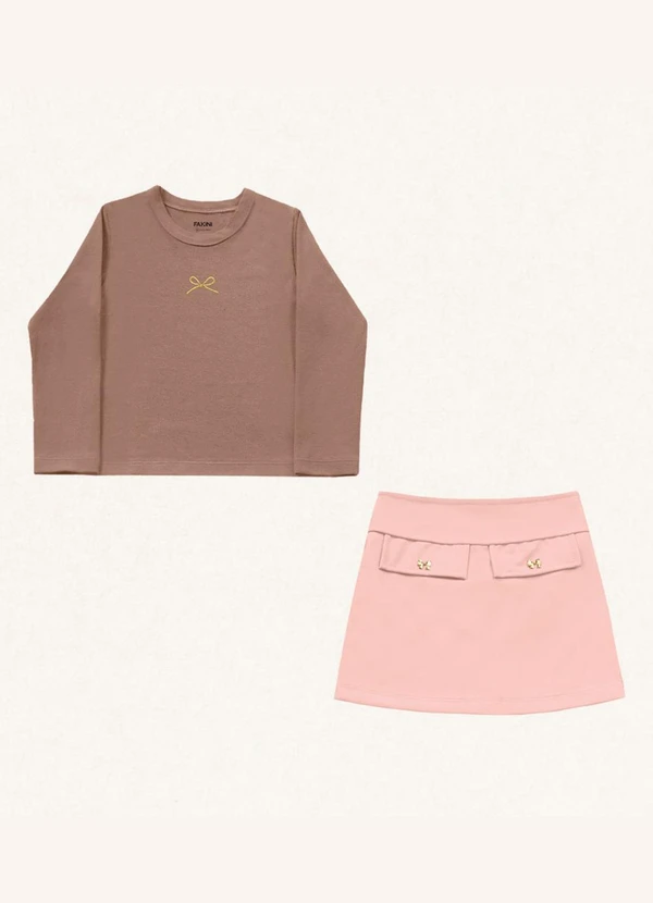 Fakini Kids - Conjunto Blusa Manga Longa/Short Saia Marrom 4