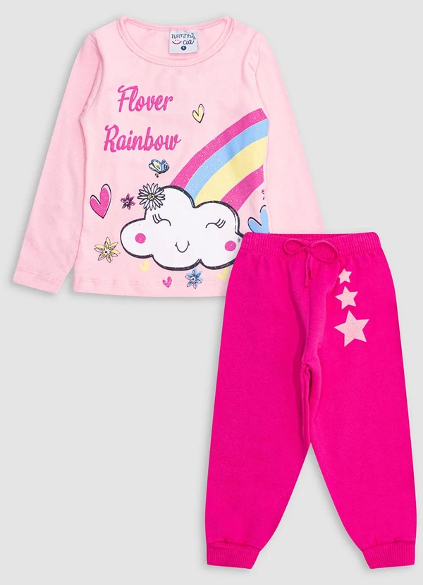 Turminha - Conjunto Blusa Nuvem e Calça Estrela Menina Rosa