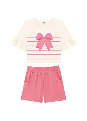 Marlan - Conjunto Blusa Penteada e Shorts em Cotton Bege - MARLAN