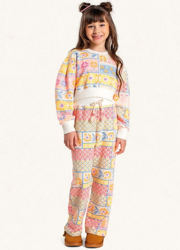 Fakini Kids - Conjunto Blusão Cropped e Calça Wide Estampado