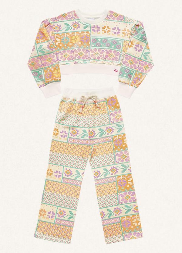 Fakini Kids - Conjunto Blusão Cropped e Calça Wide Estampado