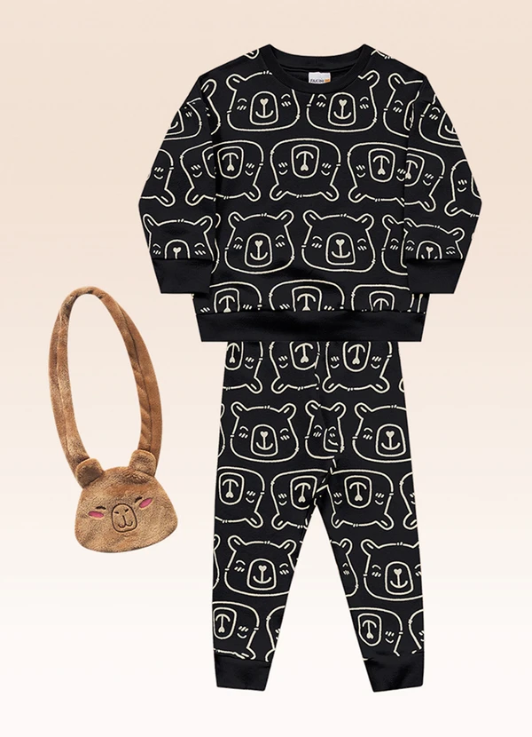 Fakini Kids - Conjunto Blusão e Calça com Bolsa Preto