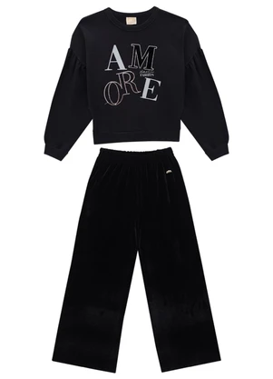 Milli e Nina - Conjunto Blusão e Calça em Veludo Alemão Preto - MILLI E NINA