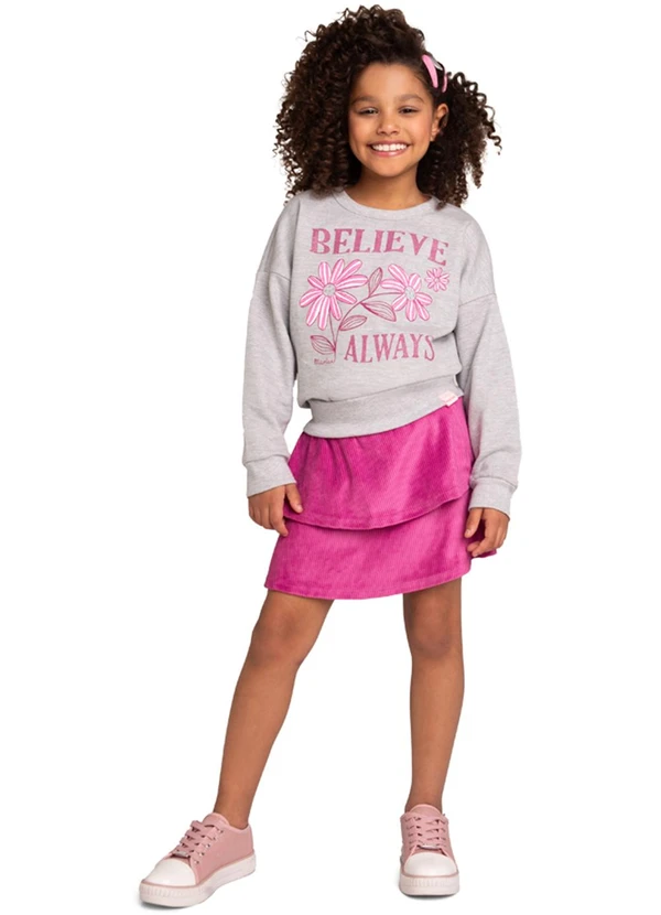 Marlan - Conjunto Blusão e Saia em Plush Listrado Cinza