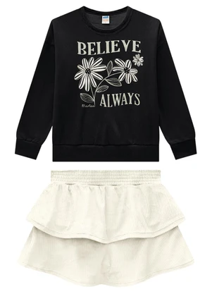 Marlan - Conjunto Blusão e Saia em Plush Listrado Preto - MARLAN