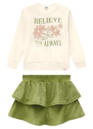 Marlan - Conjunto Blusão e Saia em Plush Listrado Bege - MARLAN