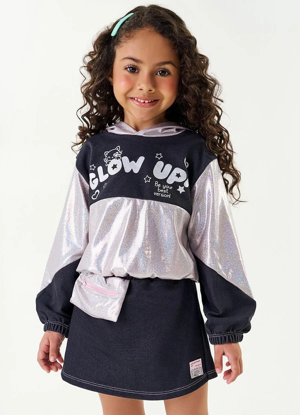 Conjunto Blusão e Short-Saia Holográfico Preto Abrange