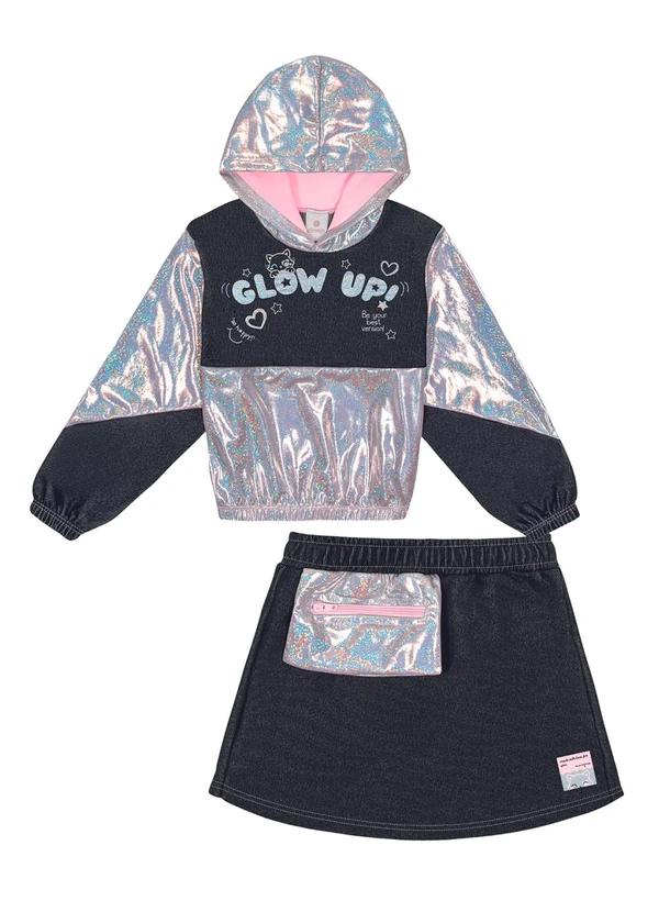 Abrange - Conjunto Blusão e Short-Saia Holográfico Preto 2